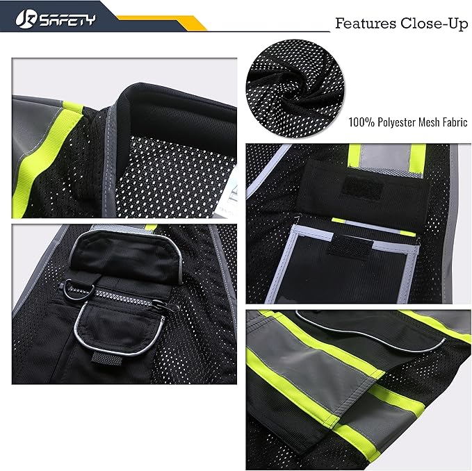 JKSafety 9 Pockets Hi-Vis Black Safety Vest for Men Women High Visibility Reflective Construction Mesh Fabric Cushioned Collar Work Utility PPE Work Gear ANSI/ISEA compliant (101-Black 3XL)