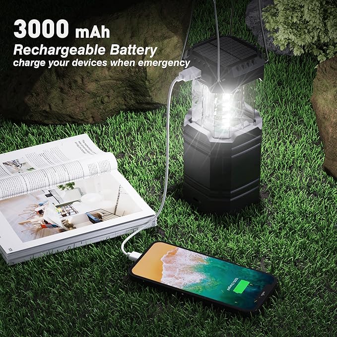 3000mAh大容量手回しソーラーキャンプランタン、ポータブル超高輝度LEDトーチ、23〜26時間連続点灯、USB充電器、アウトドア用電子ランタン
