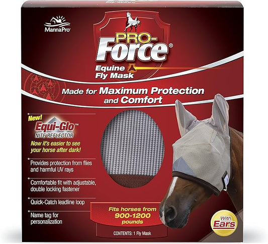 Manna Pro, Pro-Force Equine Fly Mask with Ears & Equi-Glo Reflector, Horse Mask(s), Mask for Horses, Durable Clear-View Mesh, UV Protection, Adjustable, Fits 900–1200 lb Horses