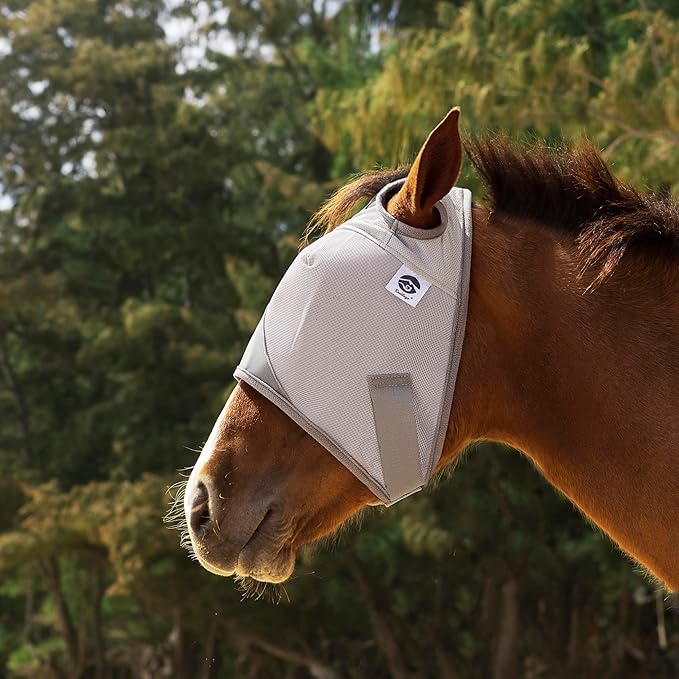 Raelitego Horse Fly Mask, Adjustable Fly Masks for Horses Without Ears, UV Protection from Insect Pests Comfort Mesh Without Nose Average Size Horses Accessories (XL)