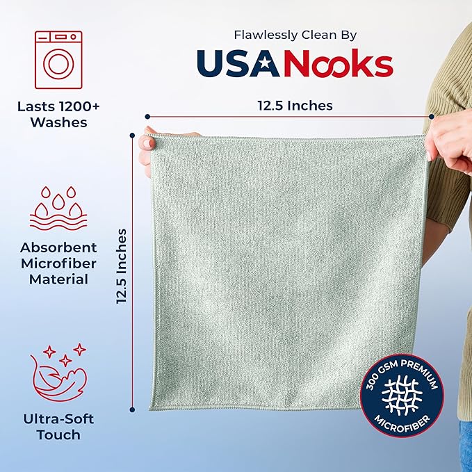 USANOOKS マイクロファイバークリーニングクロス - シーグリーン - 24枚 (12.5x12.5インチ) 高性能 - 1200回洗濯可能、超吸水カータオル、汚れや液体を吸着し、筋のない鏡面仕上げに - 洗車用クロス