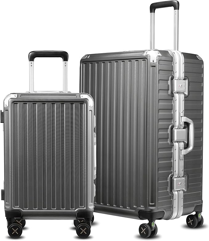 Luggage Sets with Spinner Wheels, 8010S Aluminum Frame Zipperless Polycarbonate Hard Shell Suitcase Sets (ZX-Core, Charcoal Metallic, 2 Piece (20/28))