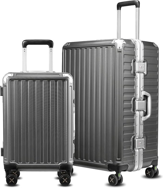 Luggage Sets with Spinner Wheels, 8010S Aluminum Frame Zipperless Polycarbonate Hard Shell Suitcase Sets (ZX-Core, Charcoal Metallic, 2 Piece (20/28))