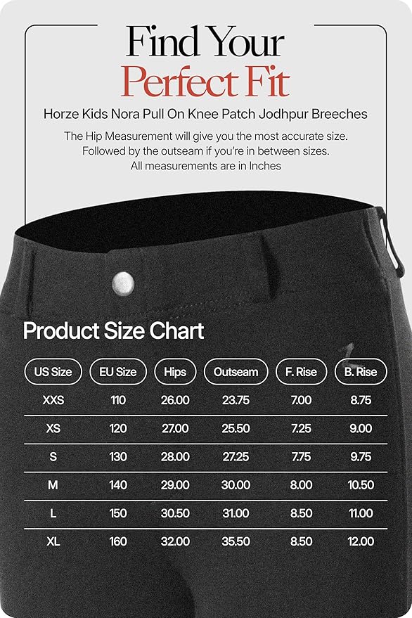 HORZE Nora Girls Riding Pants with Leather Knee Patch | Kids Equestrian Girls Jodhpurs Breeches | Size Chart in Images