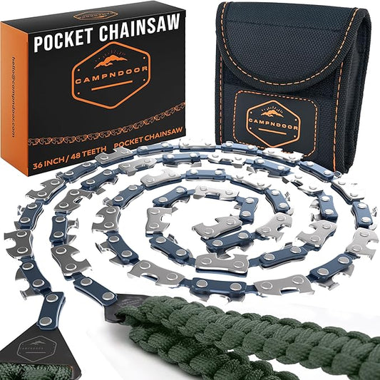 Pocket Chainsaw with Paracord Handles - Army Green 65Mn Heavy Duty Steel Pocket Saw - 48 Teeth Survival Saw - Handy Camping Gear - CAMPNDOOR Bushcraft Survival Gear and Supplies