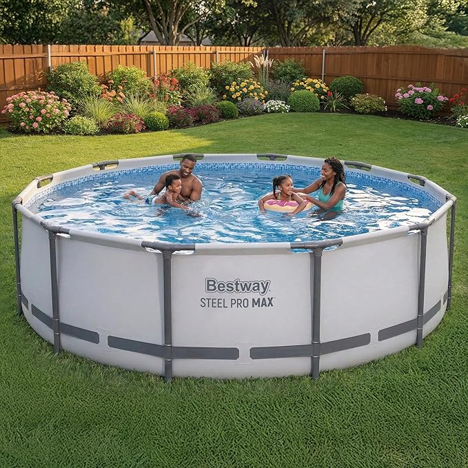 Bestway Steel Pro MAX 14' x 42" Above Ground Pool, Round Metal Frame Outdoor Swimming Pool Set with Filter Pump, Ladder, and Cover, Gray