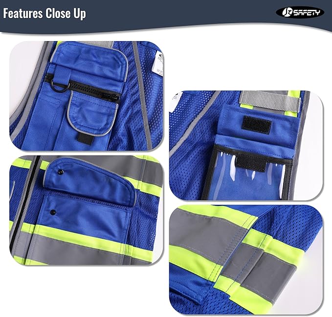 JKSafety 11 Pockets Hi-Vis Blue Mesh Safety Vest for Men Women High Visibility Reflective Construction with Zipper Work Utility PPE Work Gear ANSI/ISEA compliant (102-Blue 3XL)