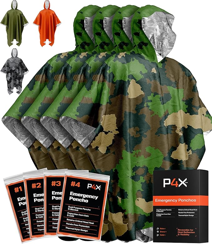 PREPARED4X エマージェンシーマイラーポンチョ – サバイバルレインポンチョ（フード付き）– 軽量、コンパクト、再利用可能 緊急ブランケットポンチョ（ハイキング、キャンプ、防寒具、車載キット、アウトドア用）