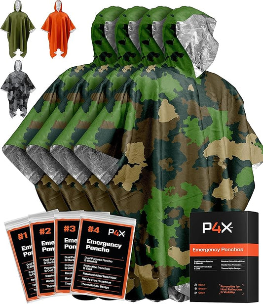 PREPARED4X Emergency Mylar Poncho – Survival Rain Poncho with Hood – Lightweight, Compact, Reusable Emergency Blanket Poncho for Hiking, Camping, Thermal Gear, Car Kit, Outdoors