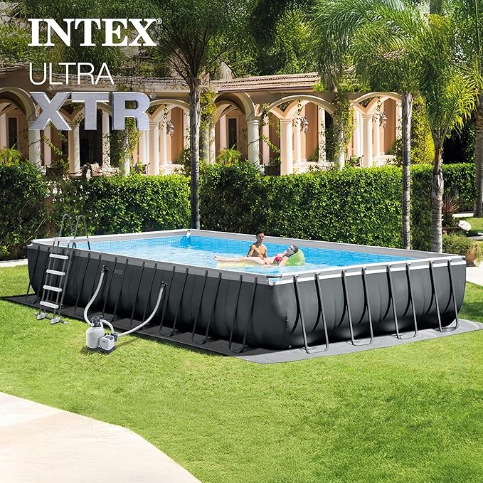 INTEX ウルトラXTR 32ft x 16ft 52インチ 地上設置型プールセット 長方形スイミングプール 砂ポンプ、塩水システム、メンテナンスキット、バレーボールゲーム付き