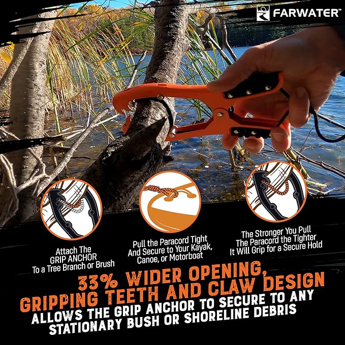 Canoe Anchor Grip - Boat, Float Tube & Kayak Fishing Accessories, Kayaking Equipment - Brush Clamp Anchor with Teeth - Gripper with 15ft Paracord - Rubber Grips - Coated Steel -