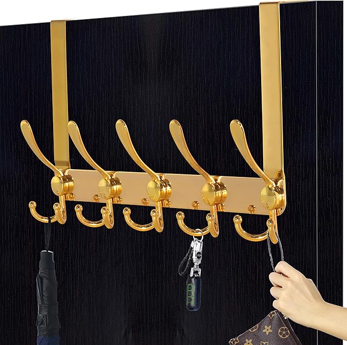 Dseap Over The Door Hook Hanger - Fits 1 3/8" to 1 3/4" Standard Doors | 5 Tri Hooks Heavy Duty Towel/Coat Rack | Door Organizer for Clothes, Jackets, Hats, Towels, Gold