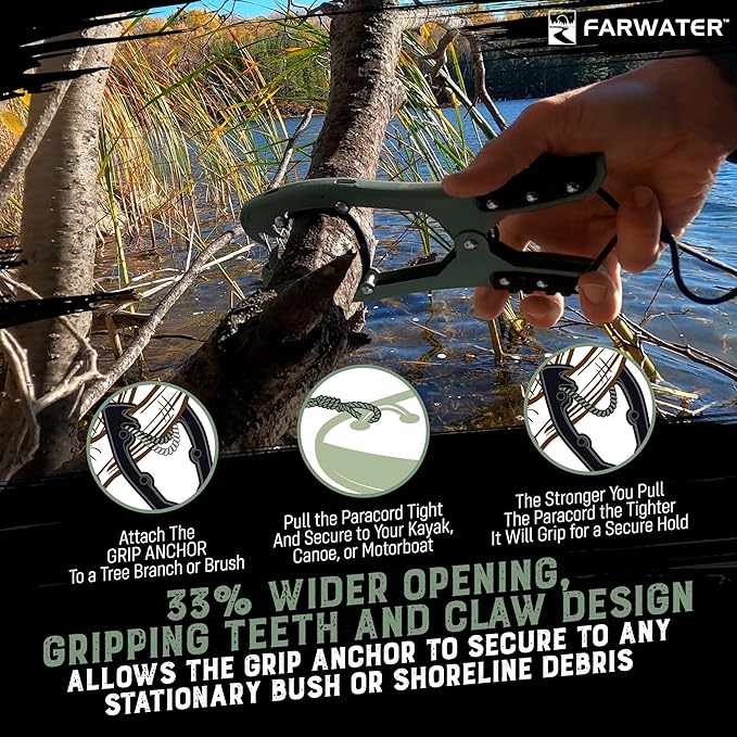 Canoe Anchor Grip - Boat, Float Tube & Kayak Fishing Accessories, Kayaking Equipment - Brush Clamp Anchor with Teeth - Gripper with 15ft Paracord - Rubber Grips - Coated Steel -