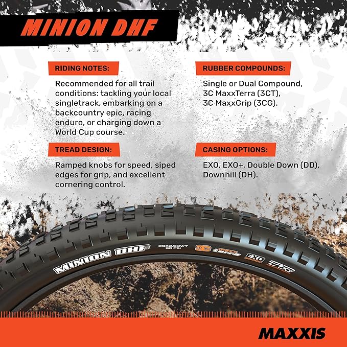 Minion DHF Mountain Bike Tire - Bundle with Cycle Crew Tire Lever | Gold Standard of Gravity Focused Tread