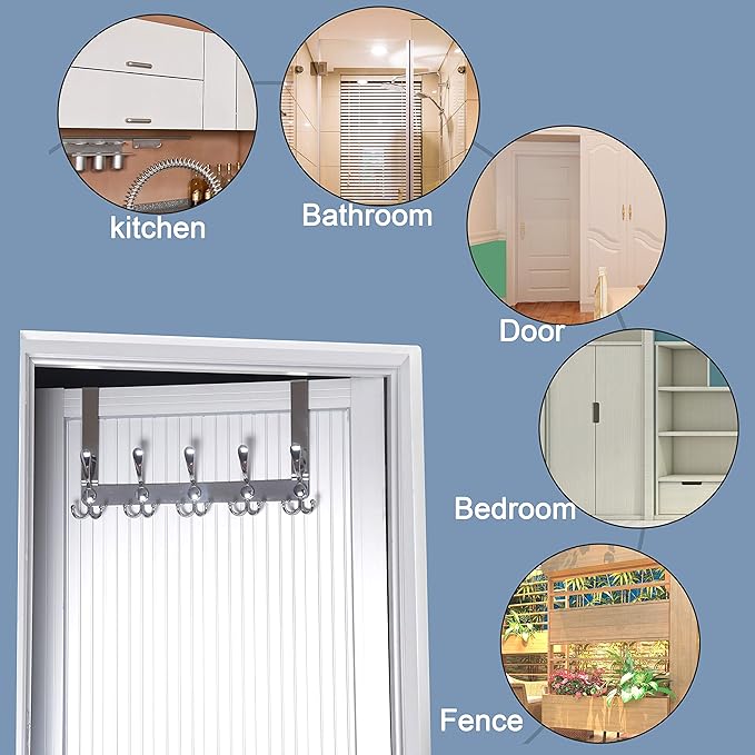 SKOLOO Over The Door Hook - for Doors up to 1-3/4'' Thickness, Pack of 2, Metal Door Hanger with 5 Triple Hooks, Over The Door Hanger for Coats, Hats,Towels, Silver, Assembly Required