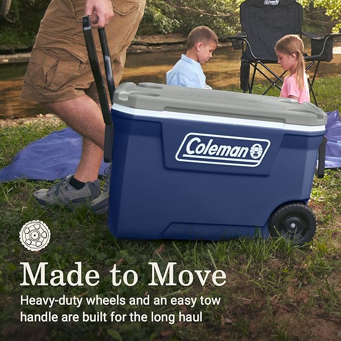 Coleman Classic Series Insulated Portable Rolling Cooler with Wheels, Leak-Resistant Outdoor Hard Cooler Keeps Ice up to 5 Days, 62-Quart