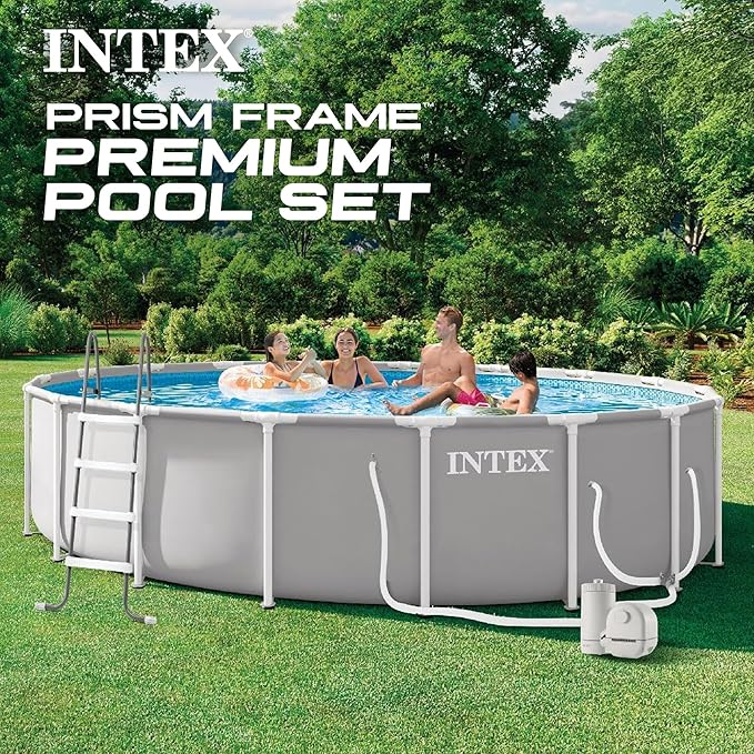 INTEX Prism Frame 18 ft x 48 in Above Ground Pool Set, Round Swimming Pool with Steel Frame, 1500 GPH Cartridge Filter Pump, Ladder, Cover, & Ground Cloth