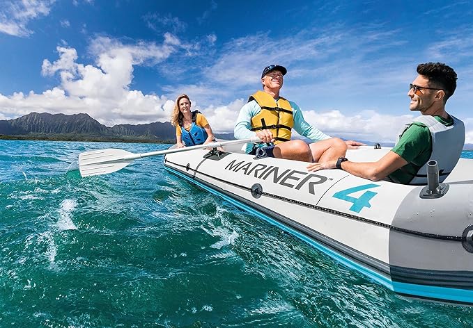 INTEX 68373EP Mariner 3 Inflatable Boat Set: Includes Deluxe 54in Boat Oars and High-Output Pump – Wear-Resistant Keel – Removable Fishing Rod Holders – 3-Person – 880lb Weight Capacity