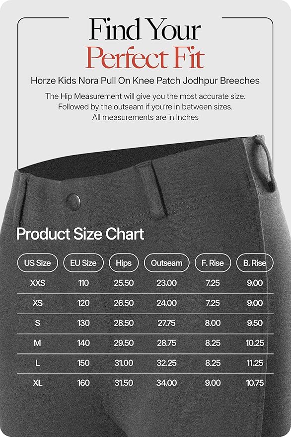HORZE Nora Girls Riding Pants with Leather Knee Patch | Kids Equestrian Girls Jodhpurs Breeches | Size Chart in Images