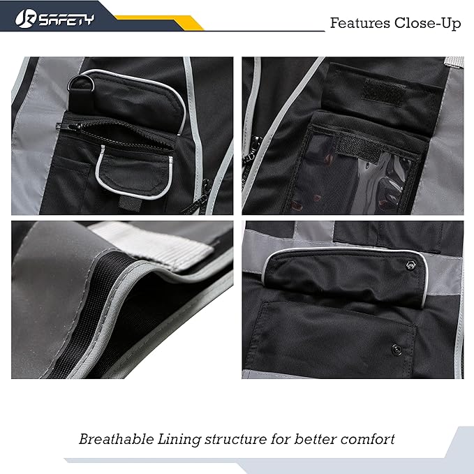 JKSafety 9 Multi-Functional Pockets Zipper Front Safety Vest With Reflective Strips Meet ANSI ISEA Standards (150-Black, X-Large)