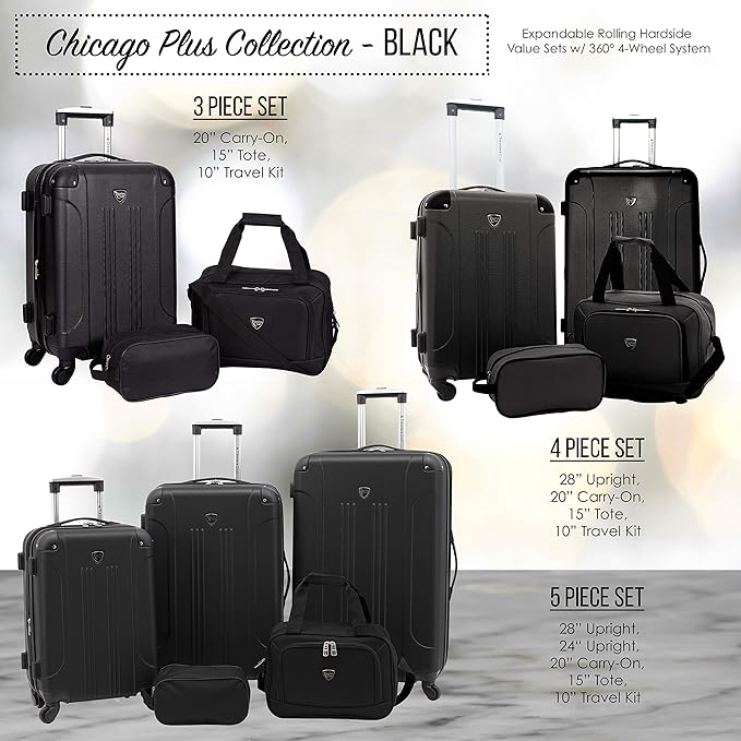 Travelers Club Chicago Hardside Expandable Spinner Luggage, Black, 3 Piece Set