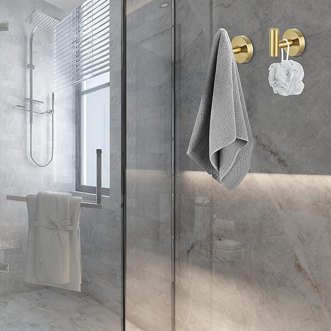 8 Pcs Bathroom Robe Towel Hooks Coat Wall Hook Stainless Steel Heavy Duty Door Hanger Towel Robe Clothes Cabinet Closet Sponges Hook for Bathroom Bedroom Kitchen Hotel Pool (Gold)