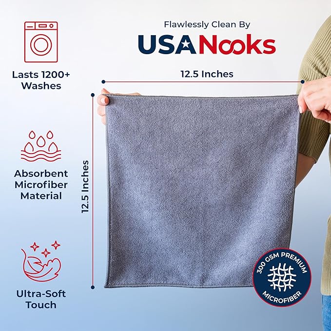 USANOOKS マイクロファイバークリーニングクロス グレー 8枚入り (31.75cmx31.75cm) - 高性能 - 1200回洗濯可能、超吸収マイクロファイバータオルで汚れと液体を拭き取り、筋のない鏡のような輝きに - 洗車用クロス