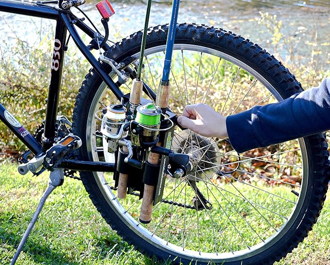 自転車用釣り竿ホルダー、自転車への取り付けが非常に簡単、2本の竿を固定して自転車釣りに