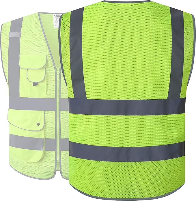 JKSafety 9 Pockets High Visibility Safety Vest for Men and Women, Hi-Vis Reflective Yellow Safety Vests with Zipper Front, Meet ANSI/ISEA Class 2 Type R(159-Yellow M)