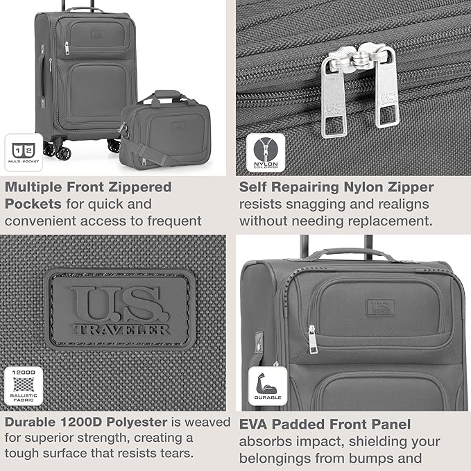 U.S. Traveler リオ 軽量ソフトサイド ローリングキャリーオン スーツケース 4輪シングル ライトグレー