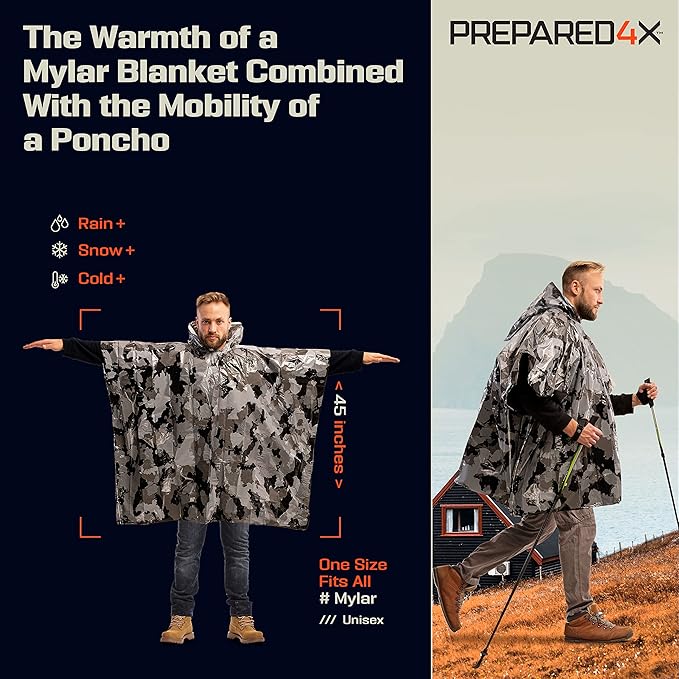 PREPARED4X エマージェンシーマイラーポンチョ – サバイバルレインポンチョ（フード付き）– 軽量、コンパクト、再利用可能 緊急ブランケットポンチョ（ハイキング、キャンプ、防寒具、車載キット、アウトドア用）