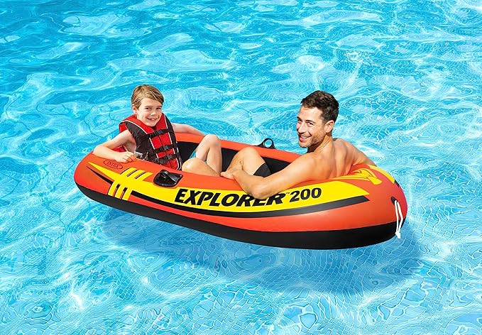 INTEX Explorer Inflatable Boat Series: Dual Air Chambers – Welded Oar Locks – Grab Handles – Bow Rope – Sporty Design
