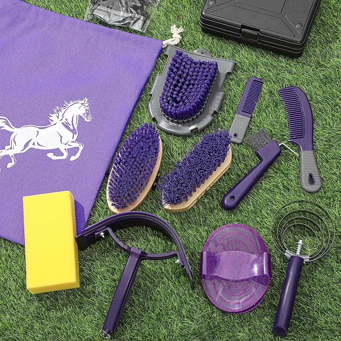 Abbylike 12 Pieces Horse Grooming Kit Racing Festival Tack Room Supplies Horse Brush Sets Equine Care Cleaning Kit Shedding Grooming Massaging Tools(Gray and Purple)