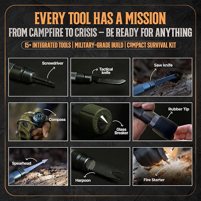 15-in-1 Tactical Survival Walking Stick & Hiking Staff – Heavy-Duty Collapsible Multitool for Camping, Hiking & Outdoor Survival Gear (8 Tubes, Premium Build)