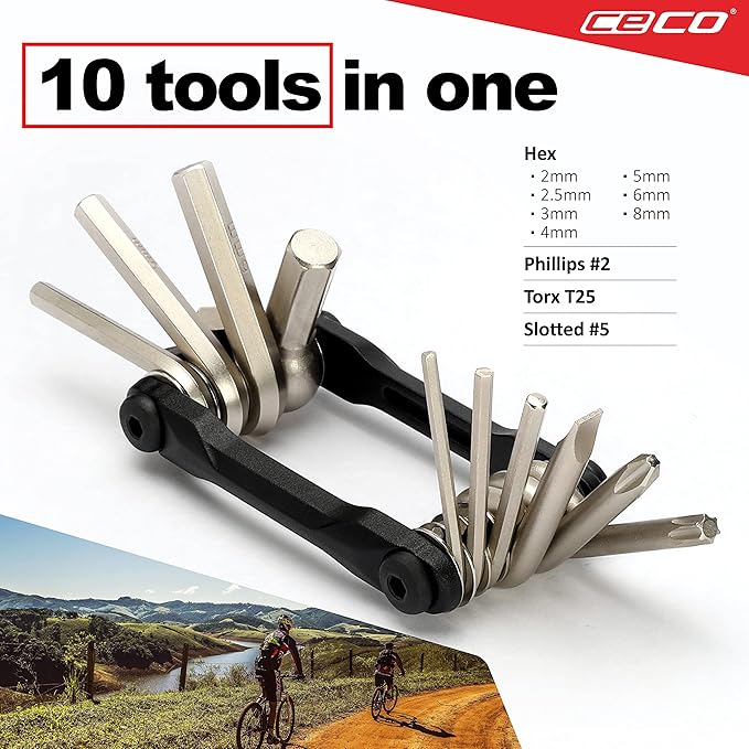 CECO USA 10 Function Bike Tool, Bicycle Multi Tool, Heavy Duty, Compact Pocket Sized, Lightweight, High Strength CR-V 6150 Tool Steel, Easy To Carry, Case Pouch Included, Original