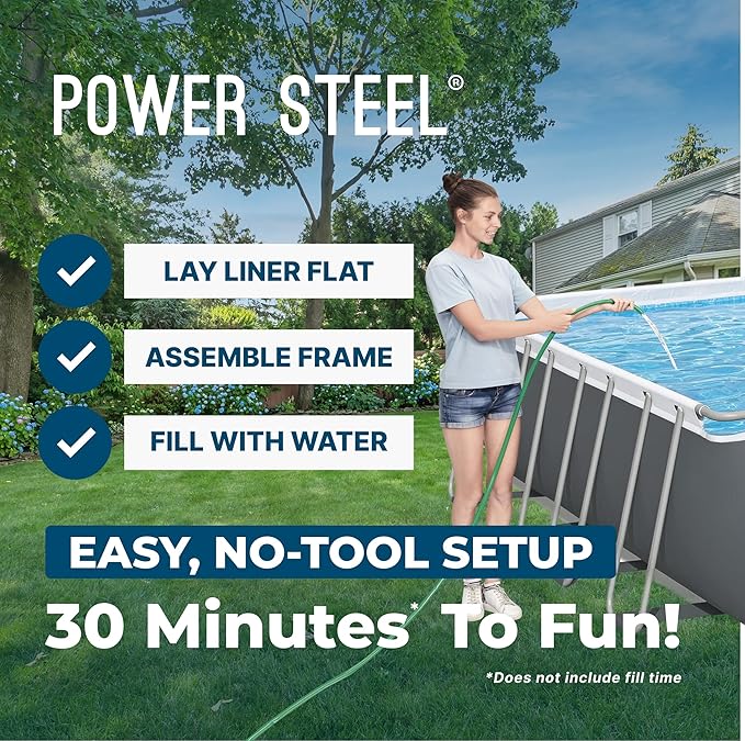 Bestway Power Steel 31フィート4インチ x 16フィート x 52インチ 地上設置型プール、長方形メタルフレーム屋外スイミングプールセット（サンドフィルターポンプ、はしご、カバー付き）