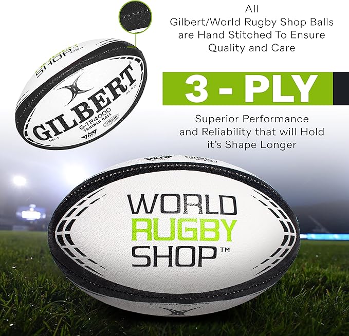 World Rugby Shop X Gilbert G-TR4000 Rugby Ball - Adult and Youth Sizes 3, 4, and 5 - Hand Stitched - 3 Ply Construction