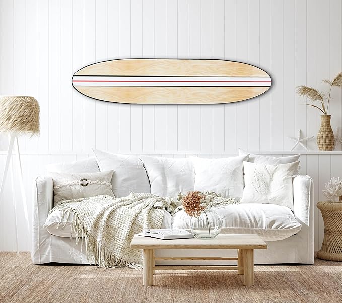 Creative Co-Op Coastal Decorative Surfboard Wall Décor, White Stripe Overlaid On Natural Wood, Hangs Vertical or Horizontal