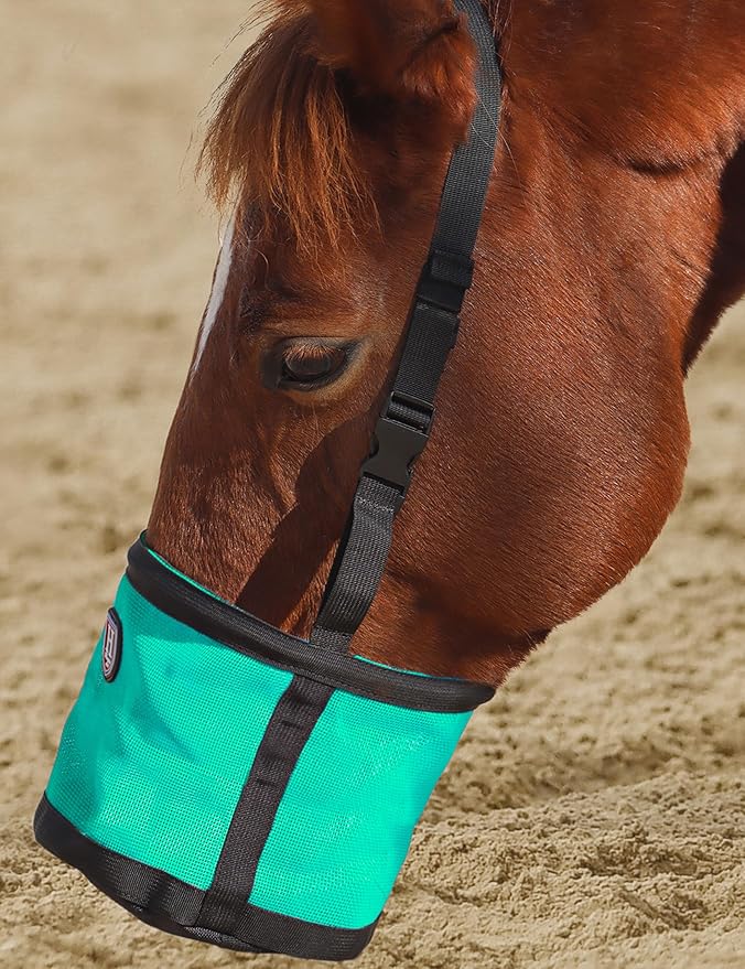 Harrison Howard Horse Muzzle Feed Bag Nylon Mesh Grain Feed Bag with Padded Neck Strap Adjustable Belt Mint Large