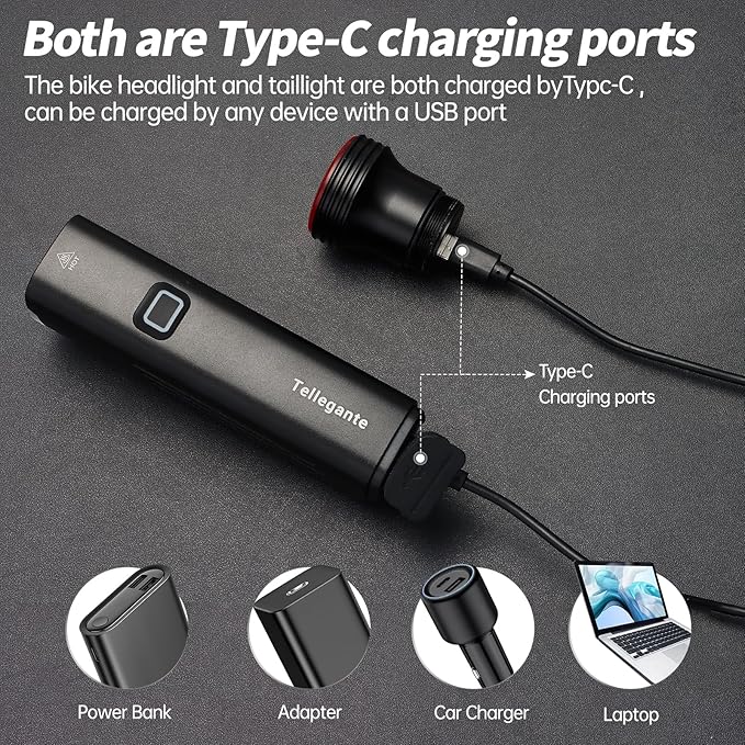 Super Bright Bike Lights for Night Riding, 2 Powerful LED for High Beam Low Beam Bicycle Lights, 6000mAh USB-C Rechargeable Bike Headlight, Smart Brake Bike Taillight, IPX6 Waterproof & Aluminum Alloy