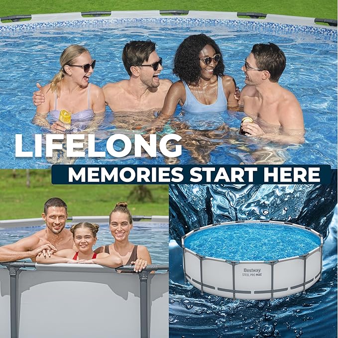 Bestway Steel Pro MAX 14' x 42" Above Ground Pool, Round Metal Frame Outdoor Swimming Pool Set with Filter Pump, Ladder, and Cover, Gray