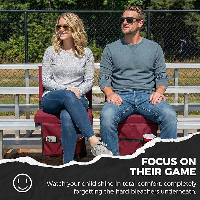 SPORT BEATS Stadium Seats with Back Support Bleacher Chairs with Back and Cushion Thick Padded Bleacher Seats Includes Shoulder Strap Maroon 2pcs Regular