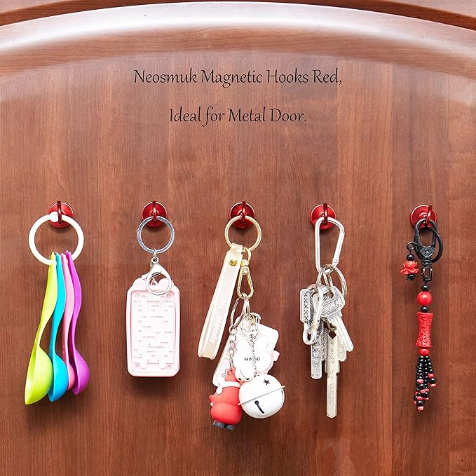 Neosmuk Magnetic Hooks, Heavy Duty 40lb+ Strong Magnet Hook for Cruise Cabins, Cruise Ship Essentials for Hanging, Metal Wall Refrigerator Hangers (Red, 10 Pack)