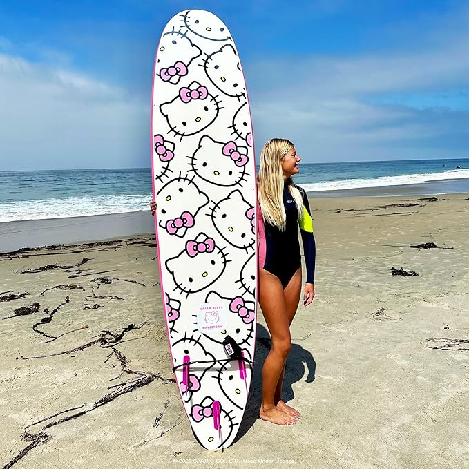 Hello Kitty 8ft Surfboard by Wavestorm | Graphic top Deck with high Density Slick Bottom | for Kids and Adults | Foam Construction with Accessories | Includes Basic Leash