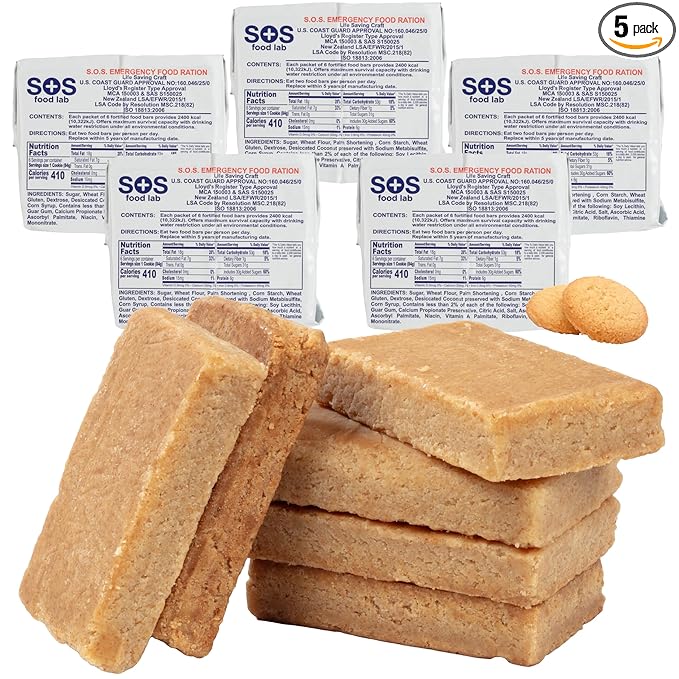 SOS Food Lab Emergency Food Bar - 2400 Calorie Ration (5 Pack Shortbread Cookie) - 2 Day/48 Hour Ready to Eat Supply for Camping, Hiking, Disaster Preparedness - 5 Year Shelf Life Energy Survival Food