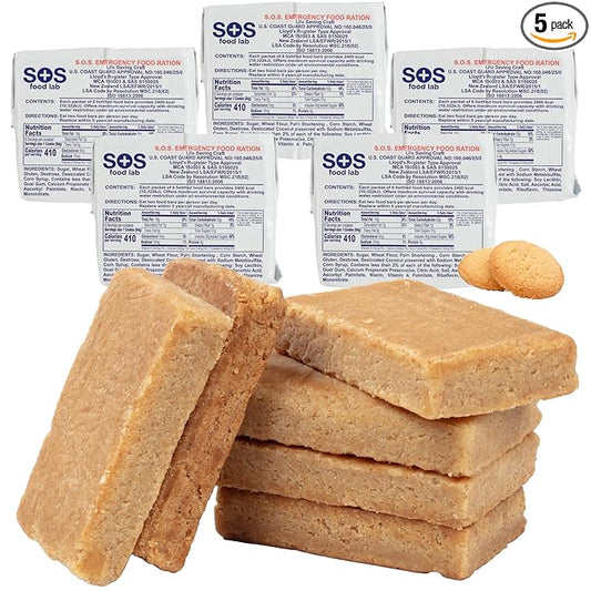 SOS Food Lab Emergency Food Bar - 2400 Calorie Ration (5 Pack Shortbread Cookie) - 2 Day/48 Hour Ready to Eat Supply for Camping, Hiking, Disaster Preparedness - 5 Year Shelf Life Energy Survival Food