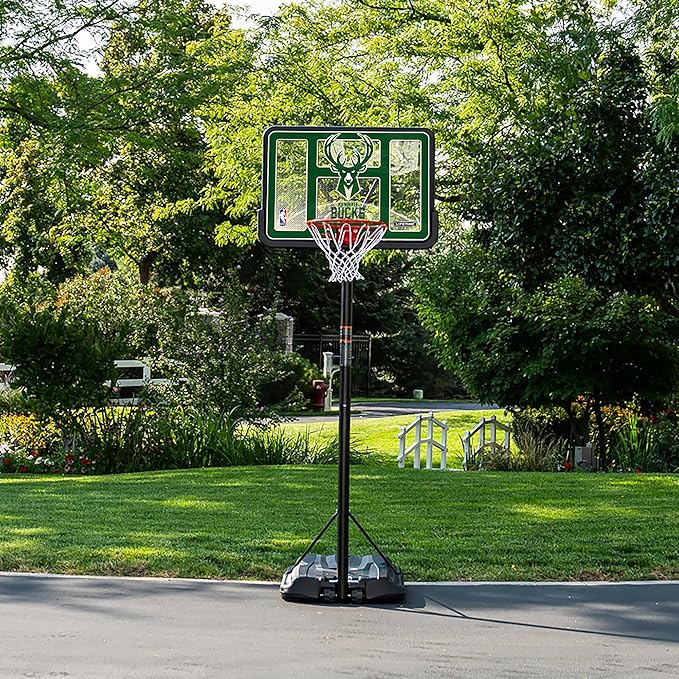 Lifetime NBA Milwaukee Bucks Portable Basketball Hoop, Adjustable Height 7.5-10 Ft, 44 Inch Shatterproof Fusion Backboard, Base with Wheels