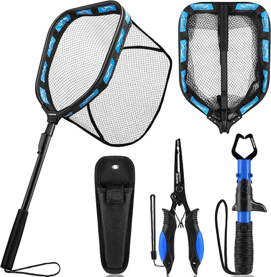 PLUSINNO Floating Fishing Net for Steelhead, Salmon, Fly, Kayak, Catfish, Bass, Trout Fishing, Rubber Coated Foldable Landing Net with Fixed or Telescoping Pole Handle, Fishing Gear and Gifts for Men