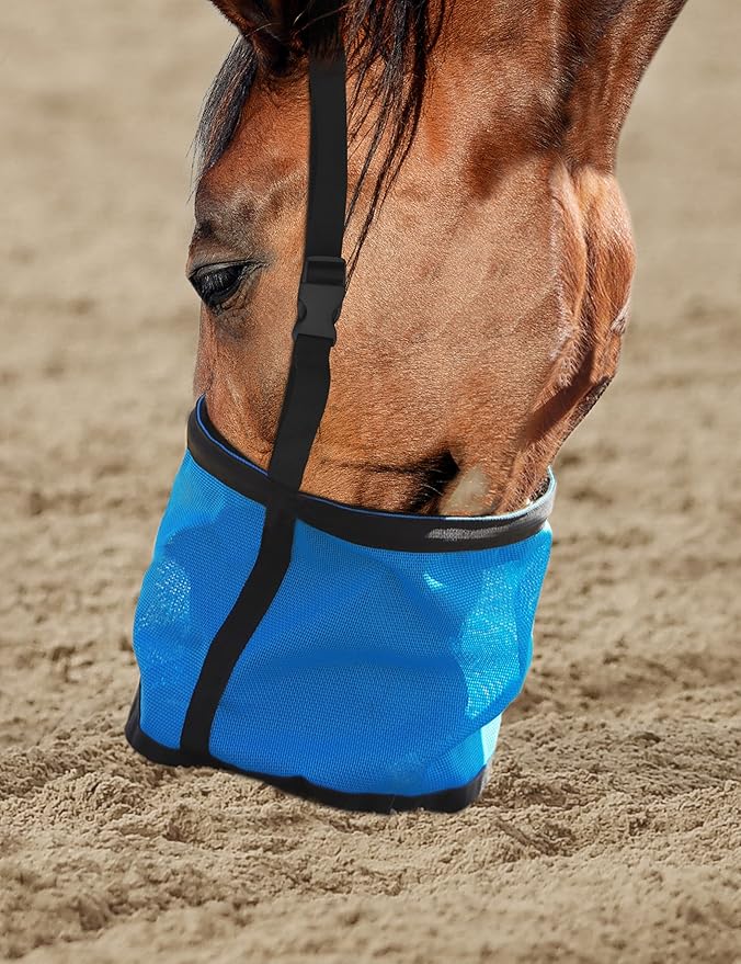 Harrison Howard Horse Muzzle Feed Bag Nylon Mesh Grain Feed Bag with Padded Neck Strap Adjustable Belt Blue Medium