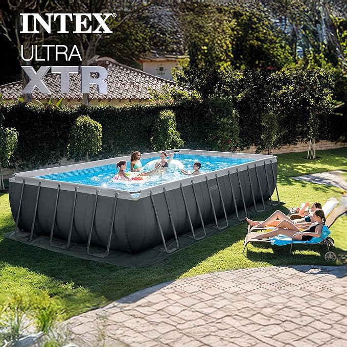INTEX Ultra XTR 24 ft x 12 ft 52 in Above Ground Pool Set, Rectangular Swimming Pool with Sand Pump, Saltwater System, Maintenance Kit, & Volleyball Game
